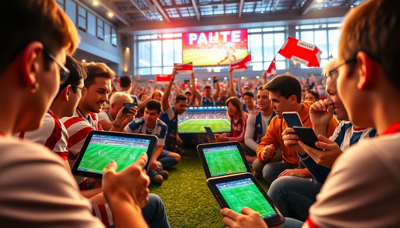 Xoilac fans enjoying a live football match on devices, showcasing excitement and vibrant team colors.