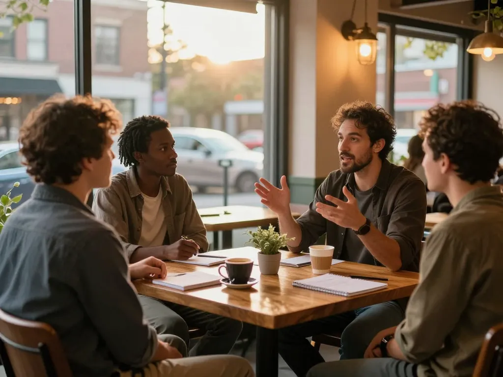 Manclub gathering in a cozy café, promoting mental health conversations among men.