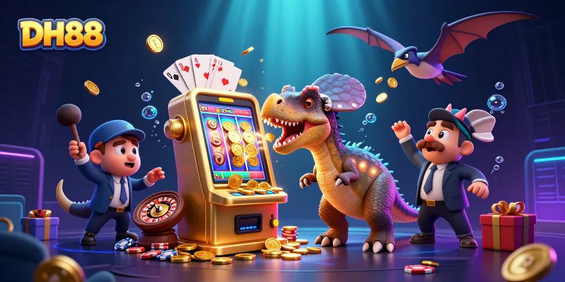 DH88 attracts players with a cartoon dinosaur-themed casino scene celebrating jackpot wins and excitement.