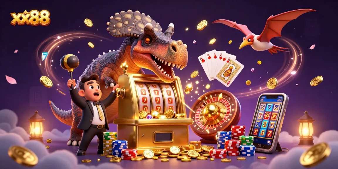 Experience the excitement of xx88 as a cartoon dinosaur engages with a golden slot machine amidst a burst of coins and casino elements.