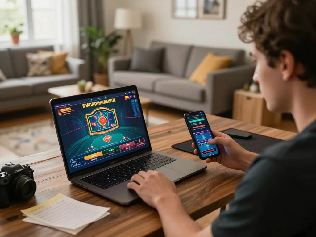 Engaging in XXGG online casino gaming with live dealer on laptop in cozy home setup