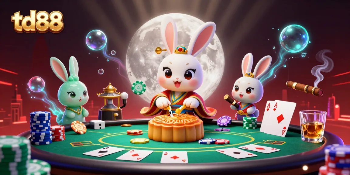 Engage with td88's vibrant casino scene where a moon rabbit pounds mooncakes revealing poker chips amidst rich game elements.