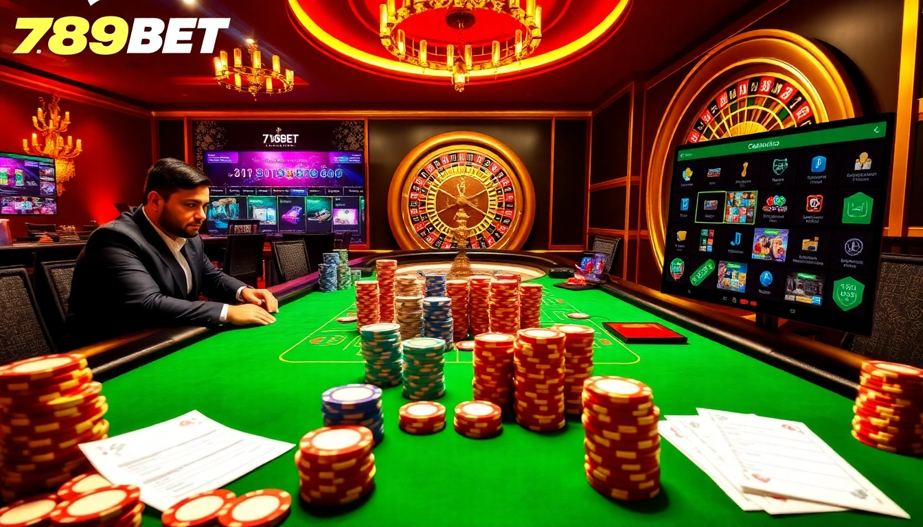 Engaging poker players and vibrant roulette at 789BET casino, evoking excitement.