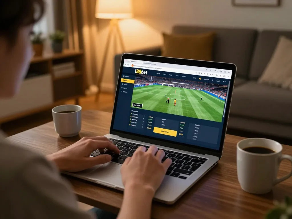 Person placing bets on 188bet link interface in cozy home setting.