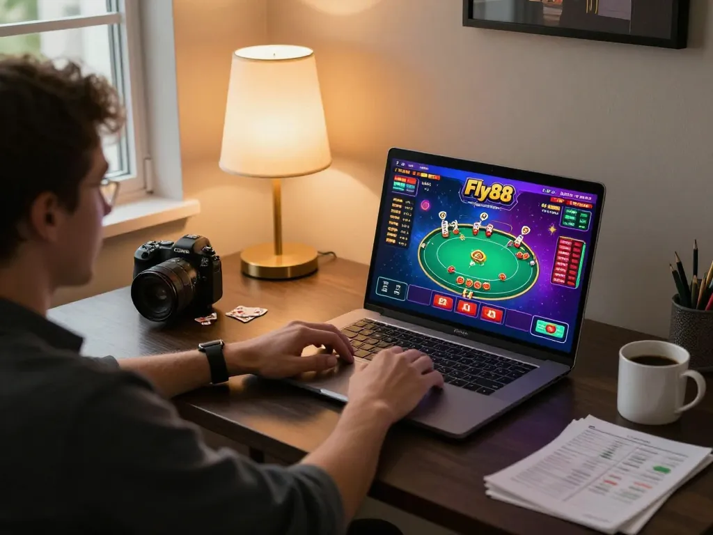 Player engaged in online gaming at Fly88, showcasing lively poker gameplay on laptop