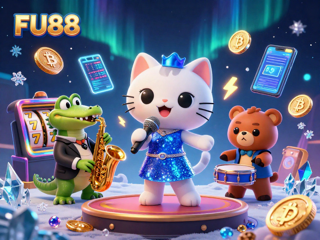 Experience FU88's vibrant casino atmosphere with our dynamic characters amidst neon gaming elements.
