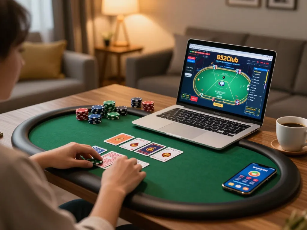 B52Club online poker game interface on a sleek laptop with chips and cards for strategic gameplay.