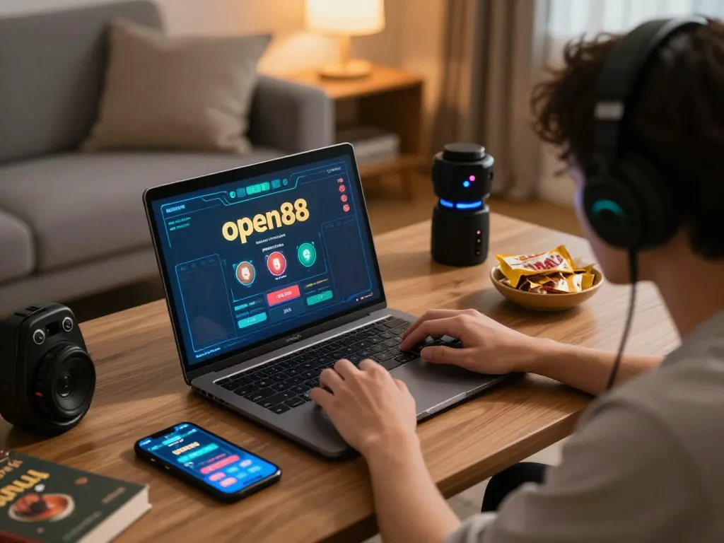 Engaging in open88 bet on a laptop while enjoying a comfortable home gaming setup with snacks and smartphone alerts