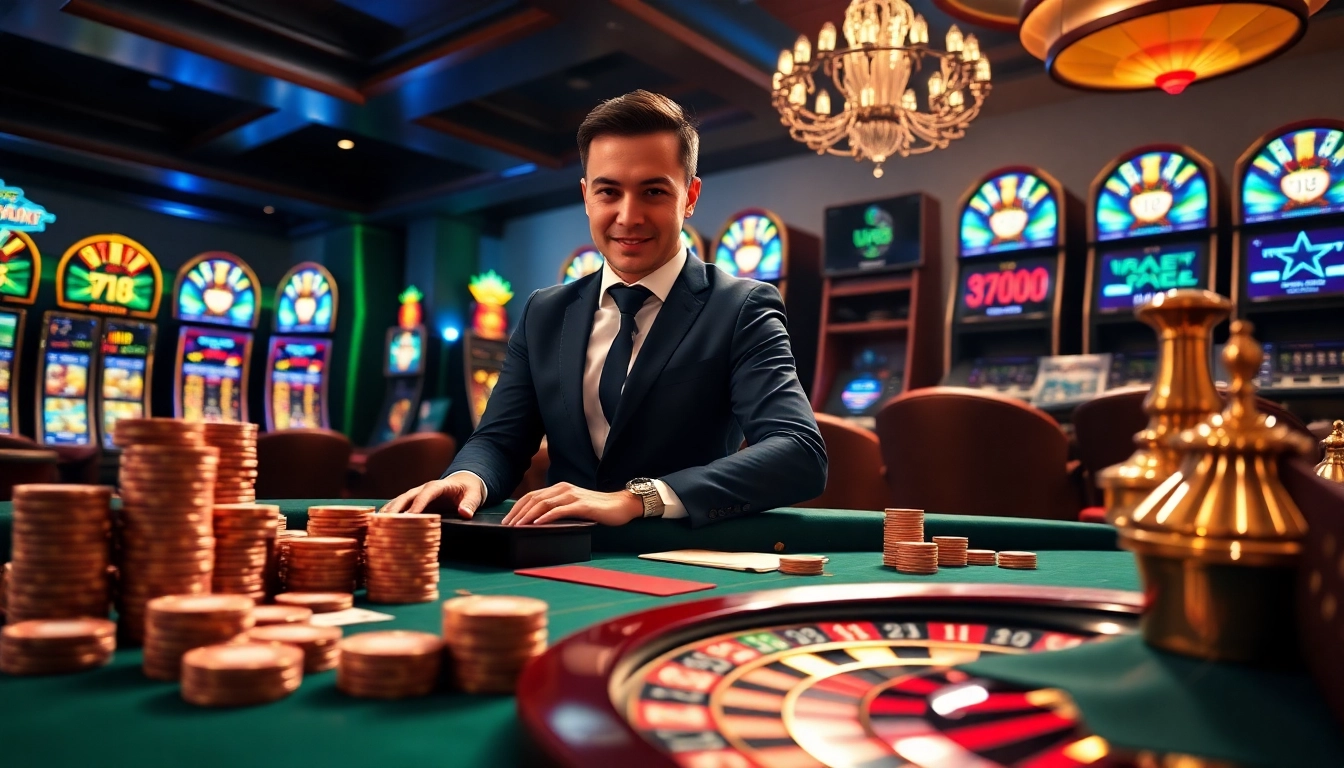 Experience the thrill of winning at UU88 with luxurious casino visuals of poker tables and roulette wheels.