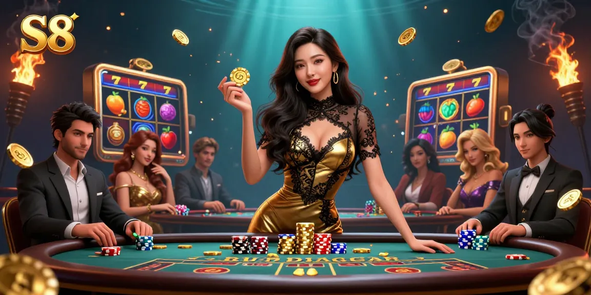 Bet on the S8 with high-value golden chips at a VIP baccarat table surrounded by slots.