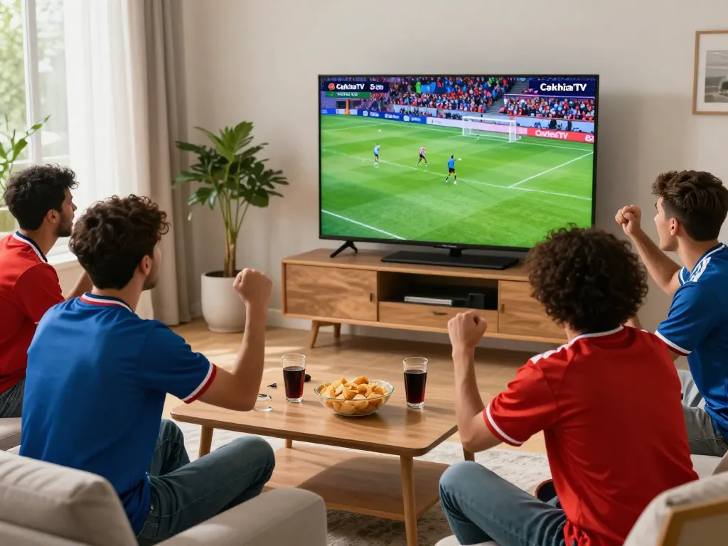 Exciting CakhiaTV football watching scene with friends in HD, vibrant atmosphere.