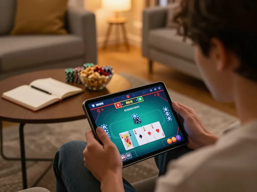 XO88 player enjoying an online poker game in a cozy living room, highlighting competitive gameplay.