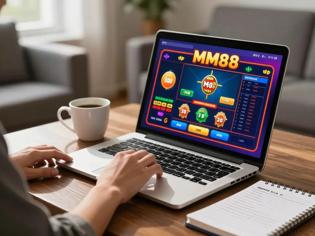 Engaged player strategizing their bets at MM88 online casino interface on a laptop.