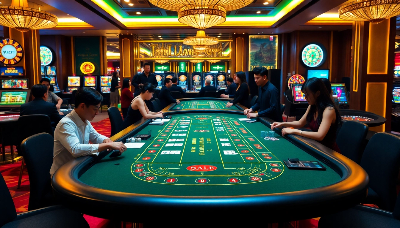 Tài Xỉu MD5 gaming table filled with players, vibrant atmosphere showcasing excitement in a luxurious casino.