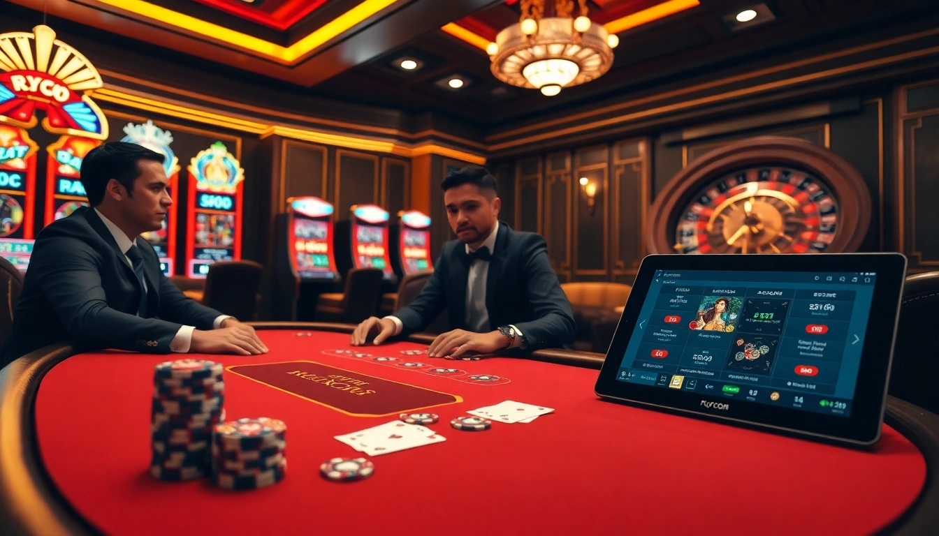 Experience high-stakes excitement at FLY88.COM with luxurious casino tables and vibrant slot machines.