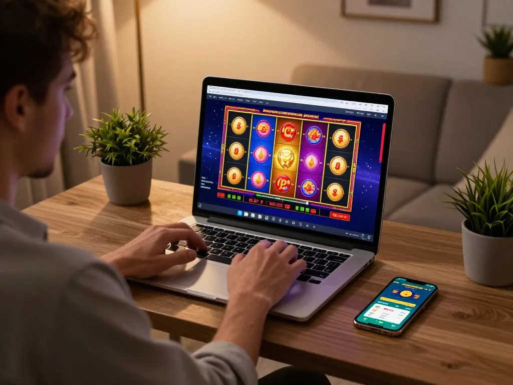 Player enjoying a thrilling online slot game with KUWIN app displayed on the screen in a cozy home office.