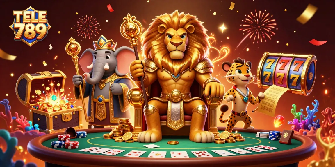 Experience the excitement of TELE 789 with a vibrant 3D casino scene filled with dynamic elements.