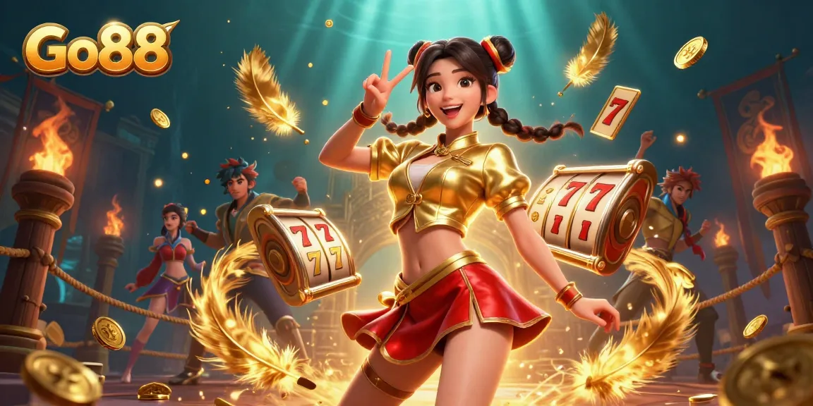 Engage with Go88 through vibrant slots as the joyful character celebrates amidst gold coins and action.