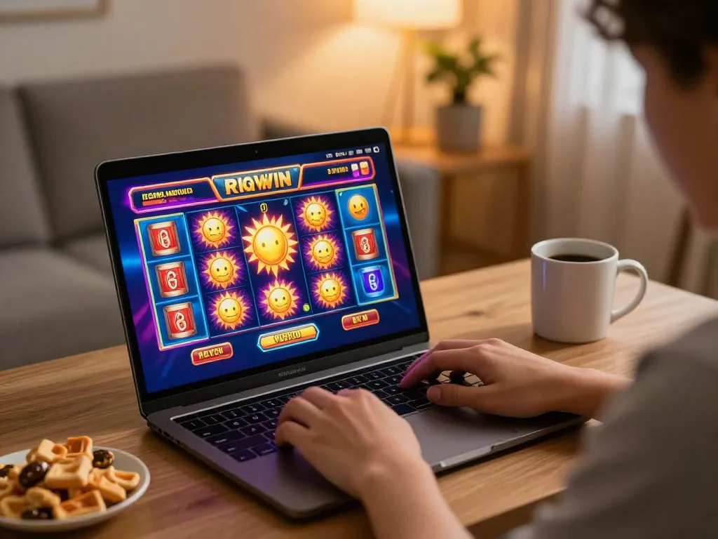 Play sunwin-themed slots on a laptop in a cozy home gaming setup with snacks and ambient lighting