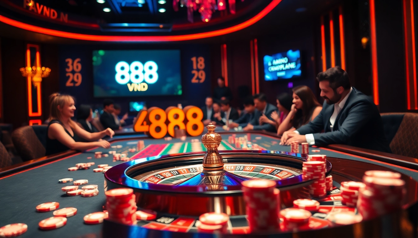Players enjoying vibrant casino games featuring 888VND branding amid an exciting atmosphere.
