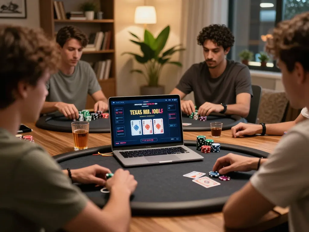 Players engage in online poker at home using https://9bet9.in.net, showcasing chips and cards in an inviting setup.