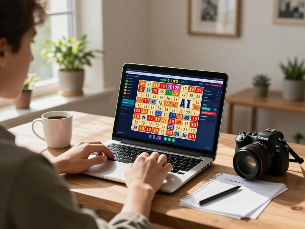 Engaged player checking 9 Lotto 4D results on a laptop at home, showcasing online gambling accessibility.