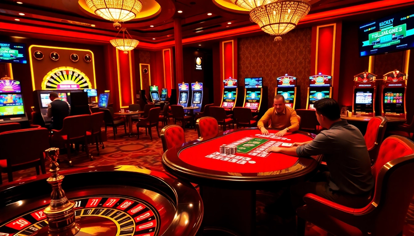 Experience the thrill of gaming at https://lucky88j.world/ with vibrant poker and roulette scenes illuminated in luxury.