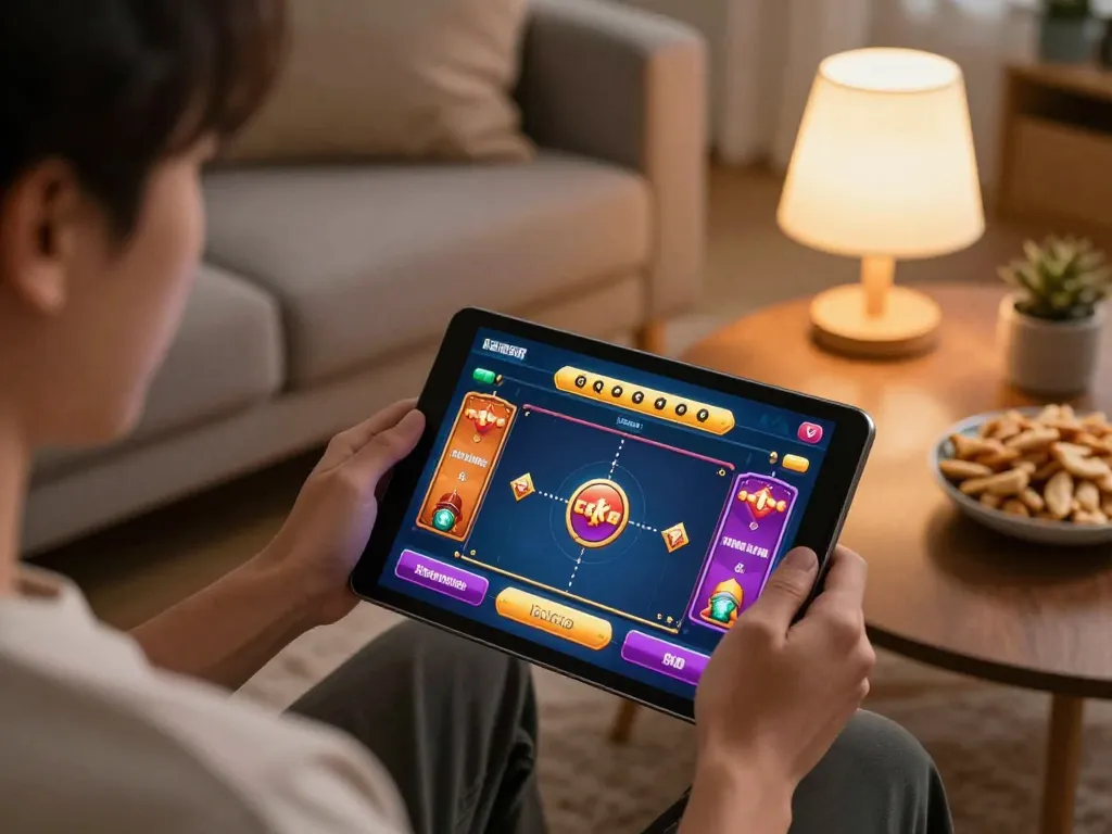 Engaging in the luck8 game on a tablet in a cozy home setting, showcasing a blend of strategy and enjoyment.