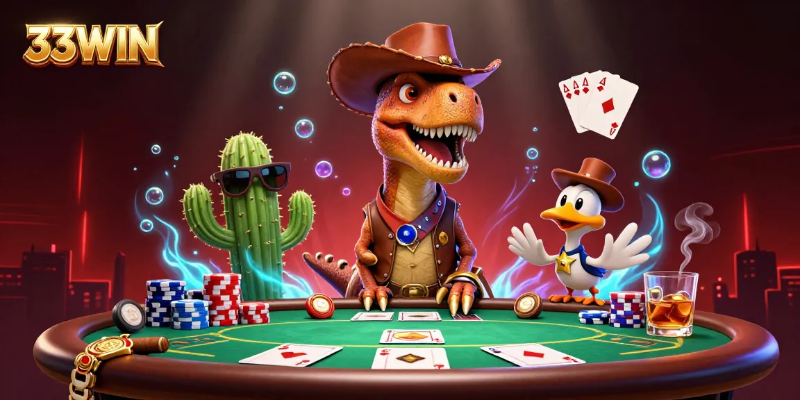 Experience thrilling poker action at 33WIN with a vibrant T-Rex and friends gameplay scene.