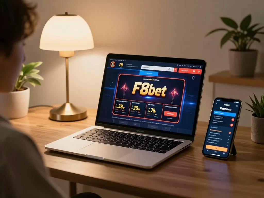 Engaging with F8bet on a laptop in a cozy home setting, highlighting online gambling strategy.