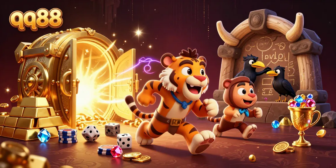 Experience thrilling action at qq88 casino with caveman and sabertooth characters surrounded by treasure.