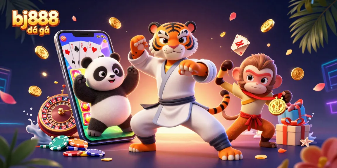 Explore the dynamic world of bj888 đá gà with a kung fu tiger, panda disciple, and monkey stealing treasure in a vibrant casino scene.