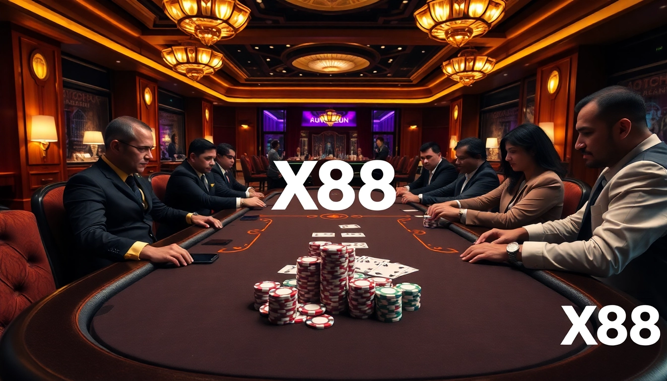 X88 themed poker scene showcasing professional gamblers and vibrant poker chips on a luxurious gaming table.