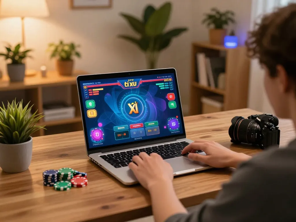 Playing tài xỉu online with an engaging laptop setup in a cozy home environment.