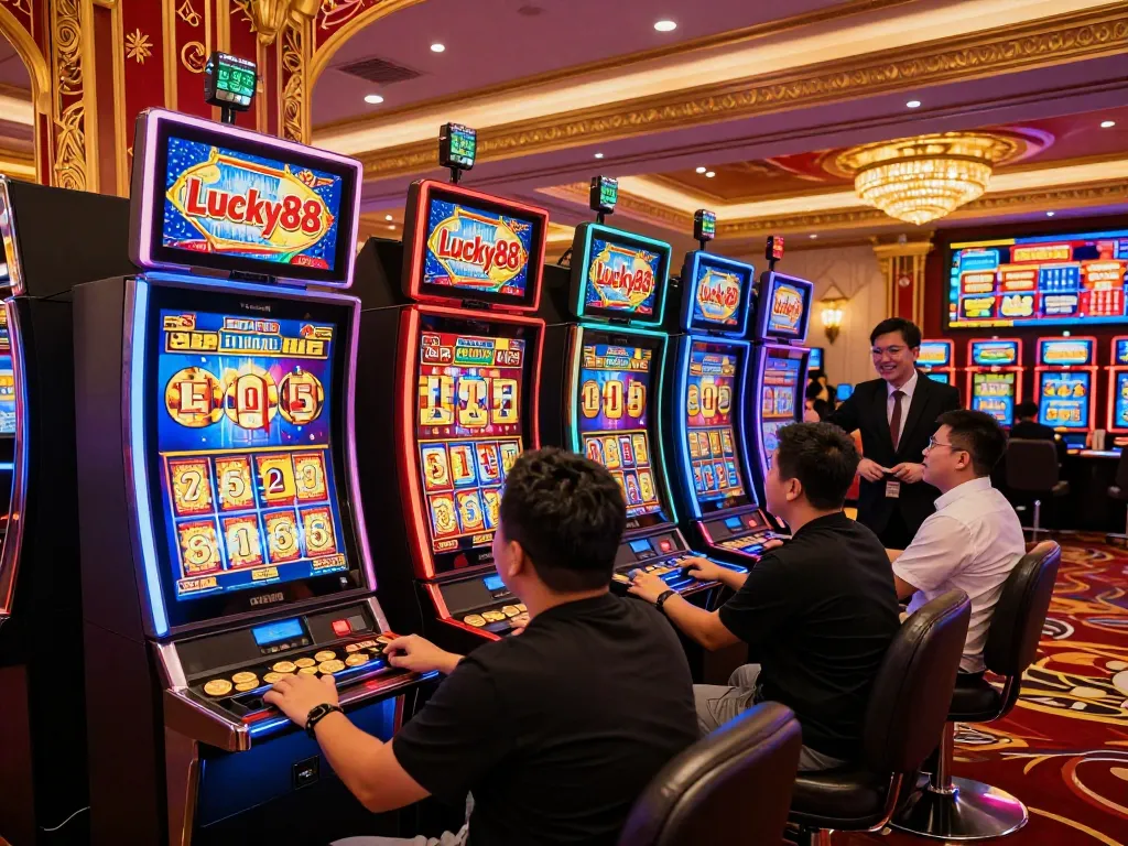 Players enjoying the Lucky88 slot machine in a vibrant casino atmosphere with colorful lights and excitement.