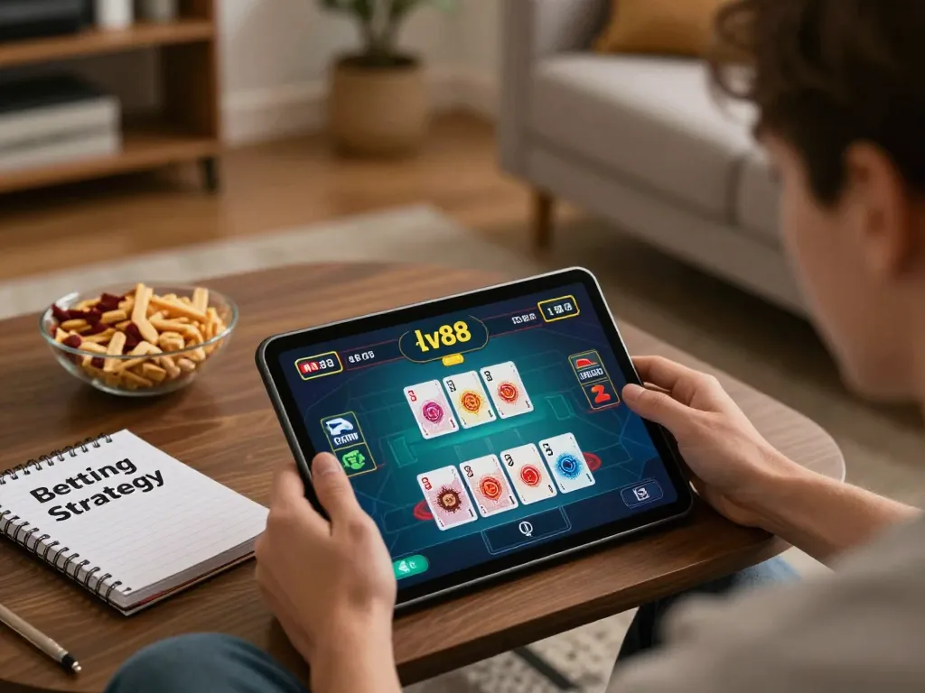 Engaged gamer enjoying live dealer game on tablet as part of their lv88 online casino experience.