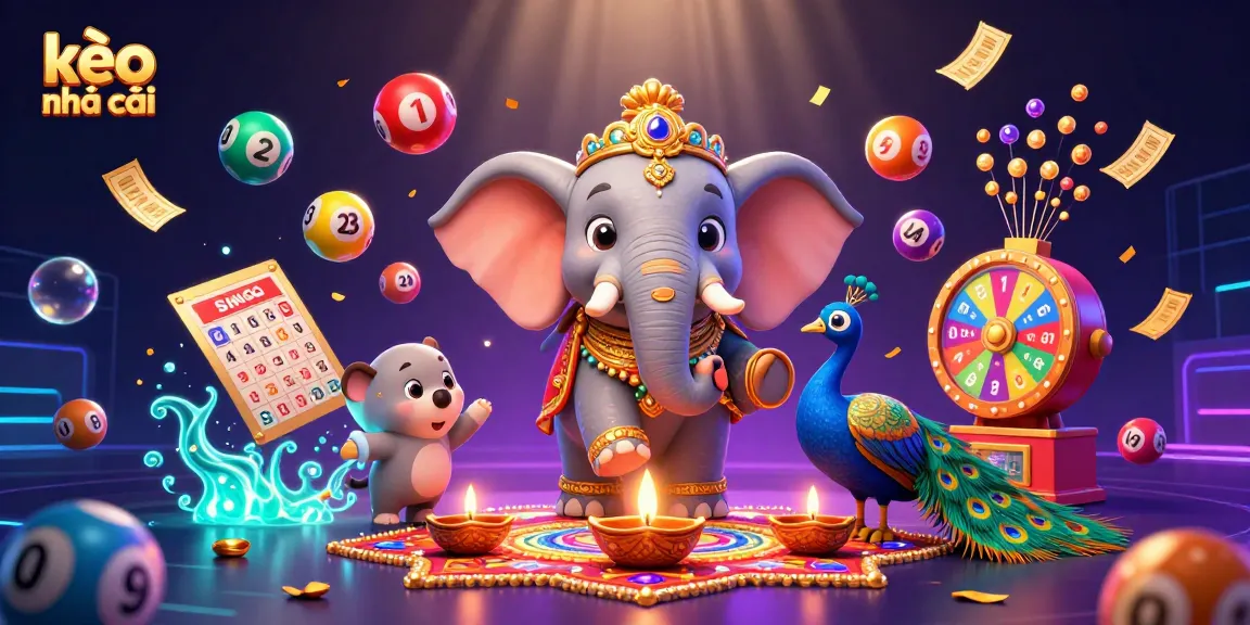 Place bets with kèo nhà cái amidst a vibrant scene filled with lottery excitement and colorful gaming elements.