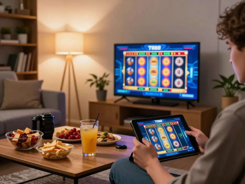 TR88 player enjoying thrilling slot games on a tablet in a cozy home setting