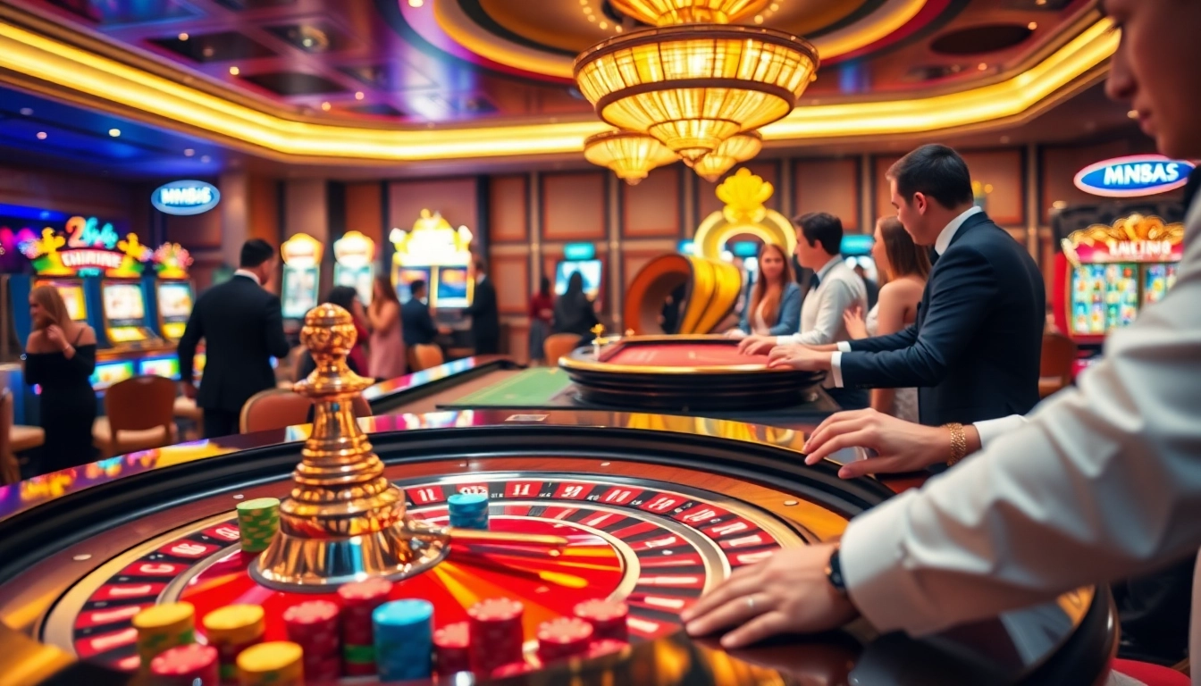 Engaging gamblers at MM88 with an elegant casino scene featuring vibrant poker chips and roulette.