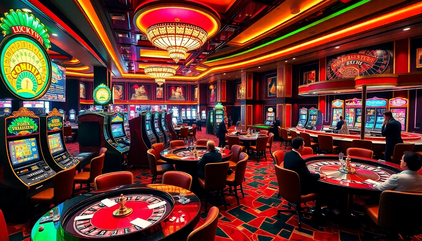 Experience the excitement of LuckyWin at a vibrant casino with thrilling games and elegant decor.