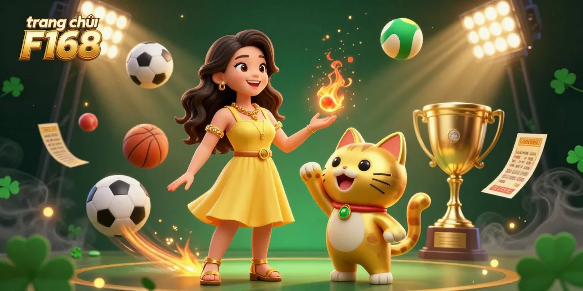 Experience the excitement of gaming at trang chủ F168 with a vibrant Asian woman and lucky cat mascot amidst dynamic sports elements.
