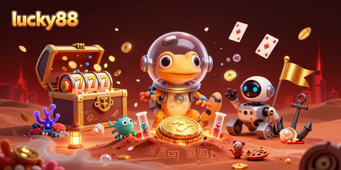 Spin to win with lucky88: a vibrant 3D Martian gecko illustration depicting a golden casino adventure.
