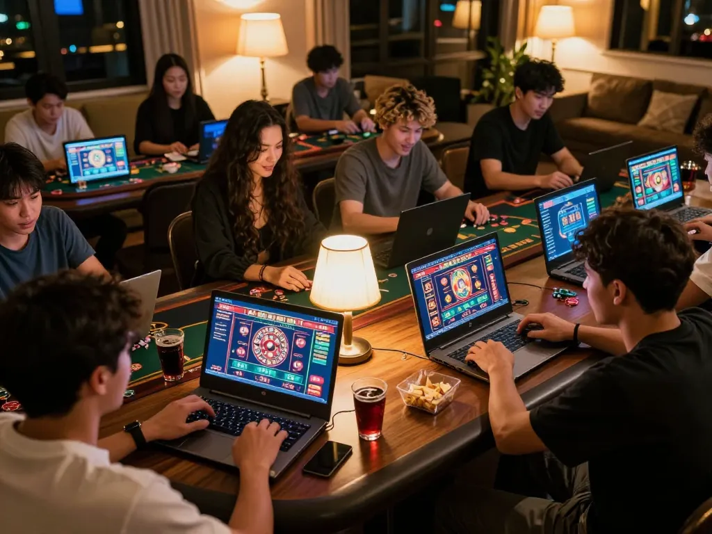 The excitement of online gaming at https://qtr88.com/, featuring engaged players using tablets for poker, slots, and roulette in a cozy environment.