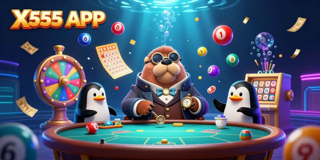 Engage in gaming excitement with X555 APP featuring a walrus at an underwater poker table.