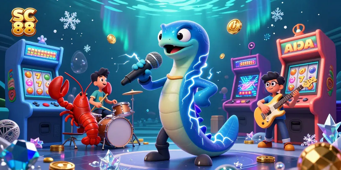 Engage in the SC 88 underwater casino scene with a vibrant DJ eel, drummer lobster, and guitarist seahorse amidst slot reels.