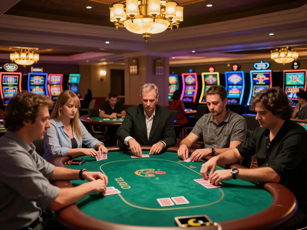 LUCK8 players engaging in high-stakes poker on a luxurious casino floor with dynamic lighting