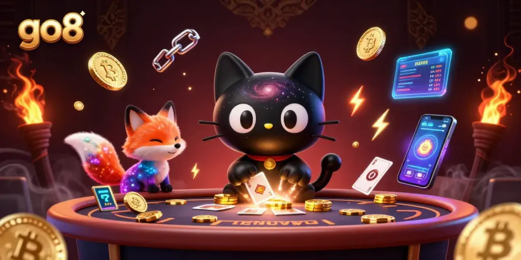 Engage in exciting go8 gaming adventures with captivating 3D characters at a cosmic casino table.