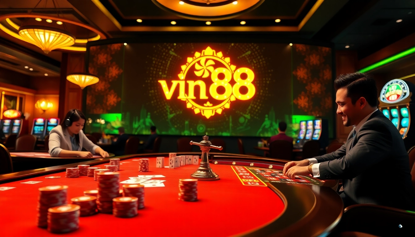 Experience the thrill at vin88 cổng game quốc tế with vibrant casino tables and excited players.