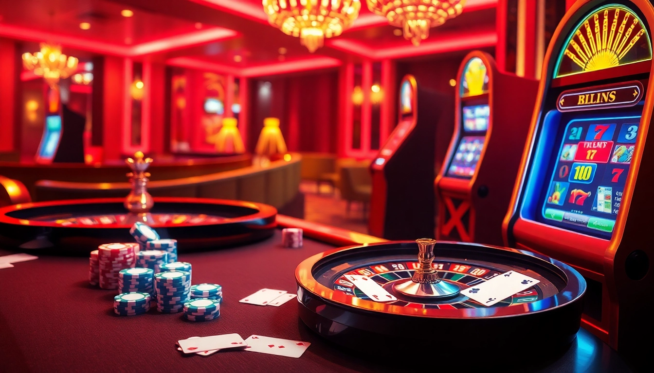 Engaging scene of Game HITCLUB showcasing exciting online gambling with poker chips, cards, and a roulette wheel.