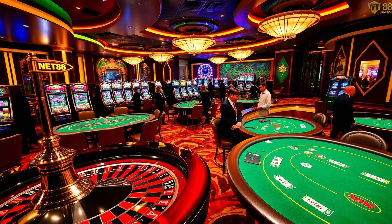 Engaging patrons at NET88 casino tables with vivid slot machines and roulette games.